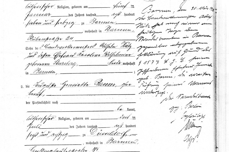 Ausschnitt einer Heiratsurkunde mit handschriftlicher Anmerkung